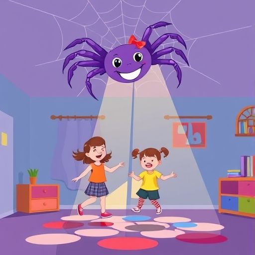 Telaraña sonríe desde el techo mientras dos niños bailan alegremente con los patrones de luz que ella proyecta en el suelo.