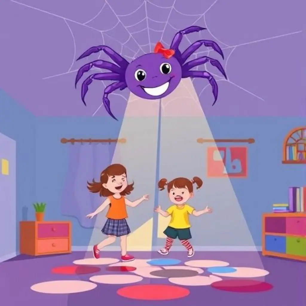 Telaraña sonríe desde el techo mientras dos niños bailan alegremente con los patrones de luz que ella proyecta en el suelo.