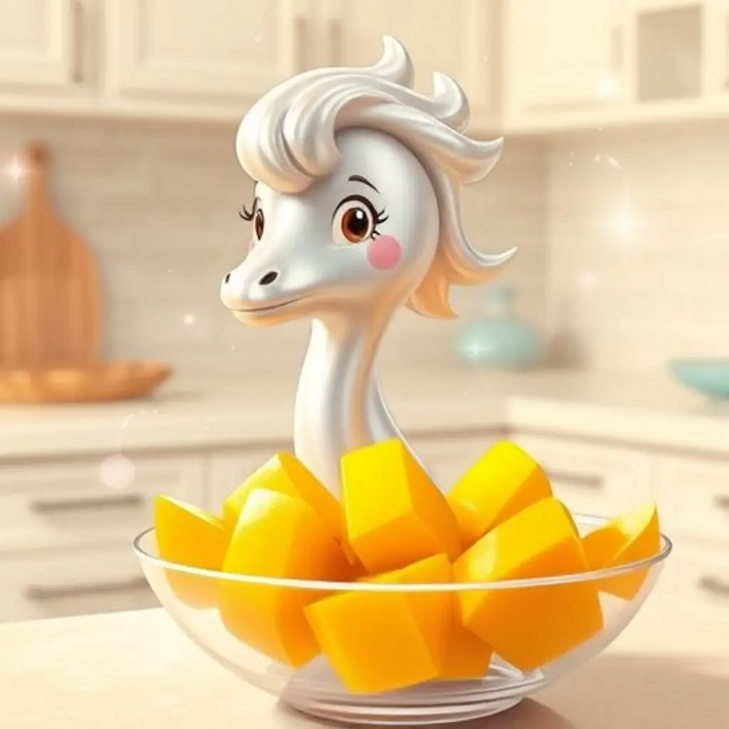 Dulce Giro gira en el aire sobre un tazón de mangos maduros, rodeada de luz mágica.