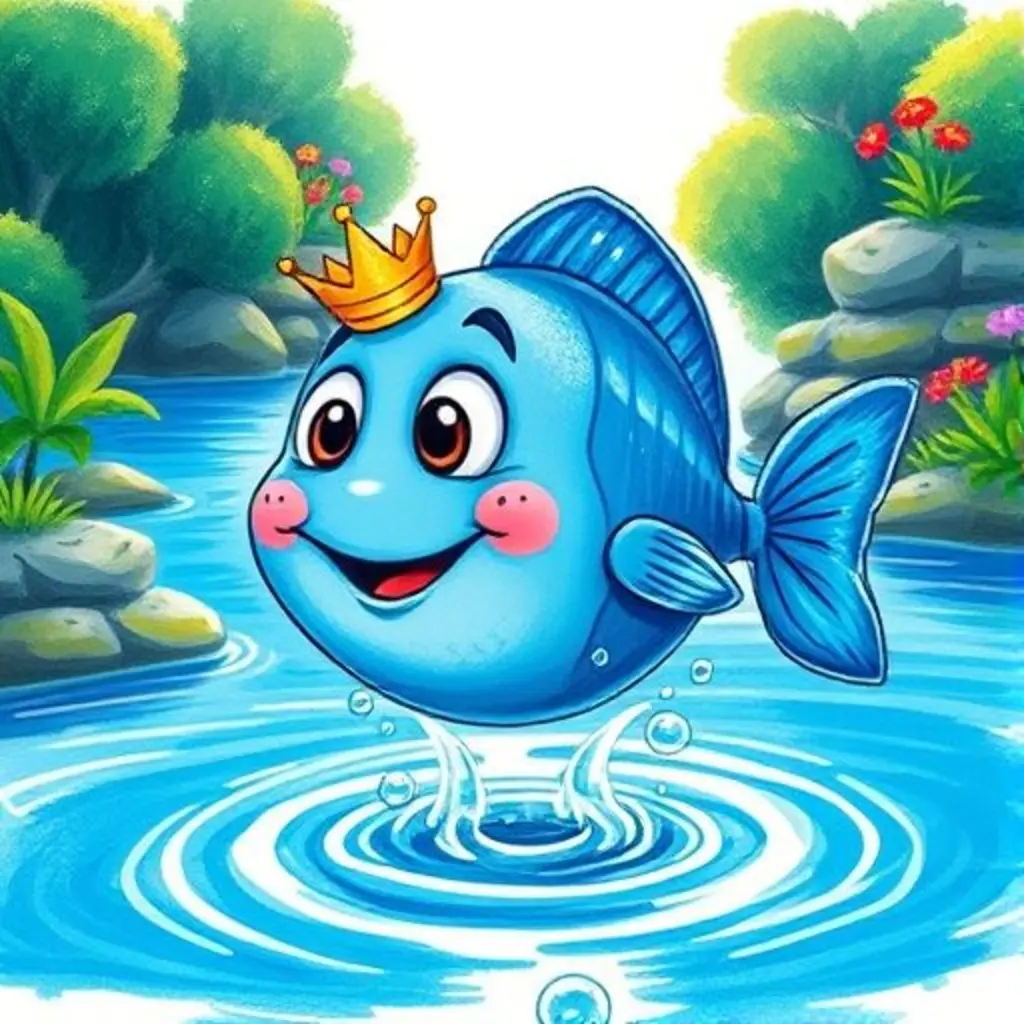 Pececito Salto, un pez azul con corona, salta feliz fuera del río.