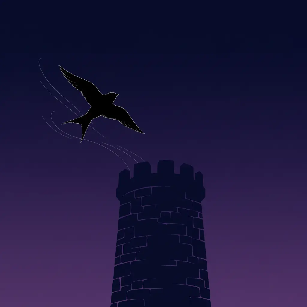 La silueta de un vencejo lanzándose desde una torre de piedra hacia un cielo nocturno.