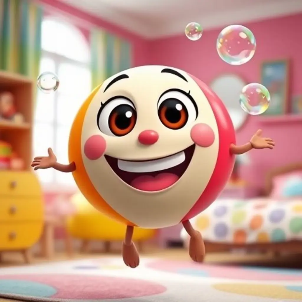 Balón Saltarín salta feliz mientras tres burbujas brillantes, los sueños liberados, flotan a su alrededor.