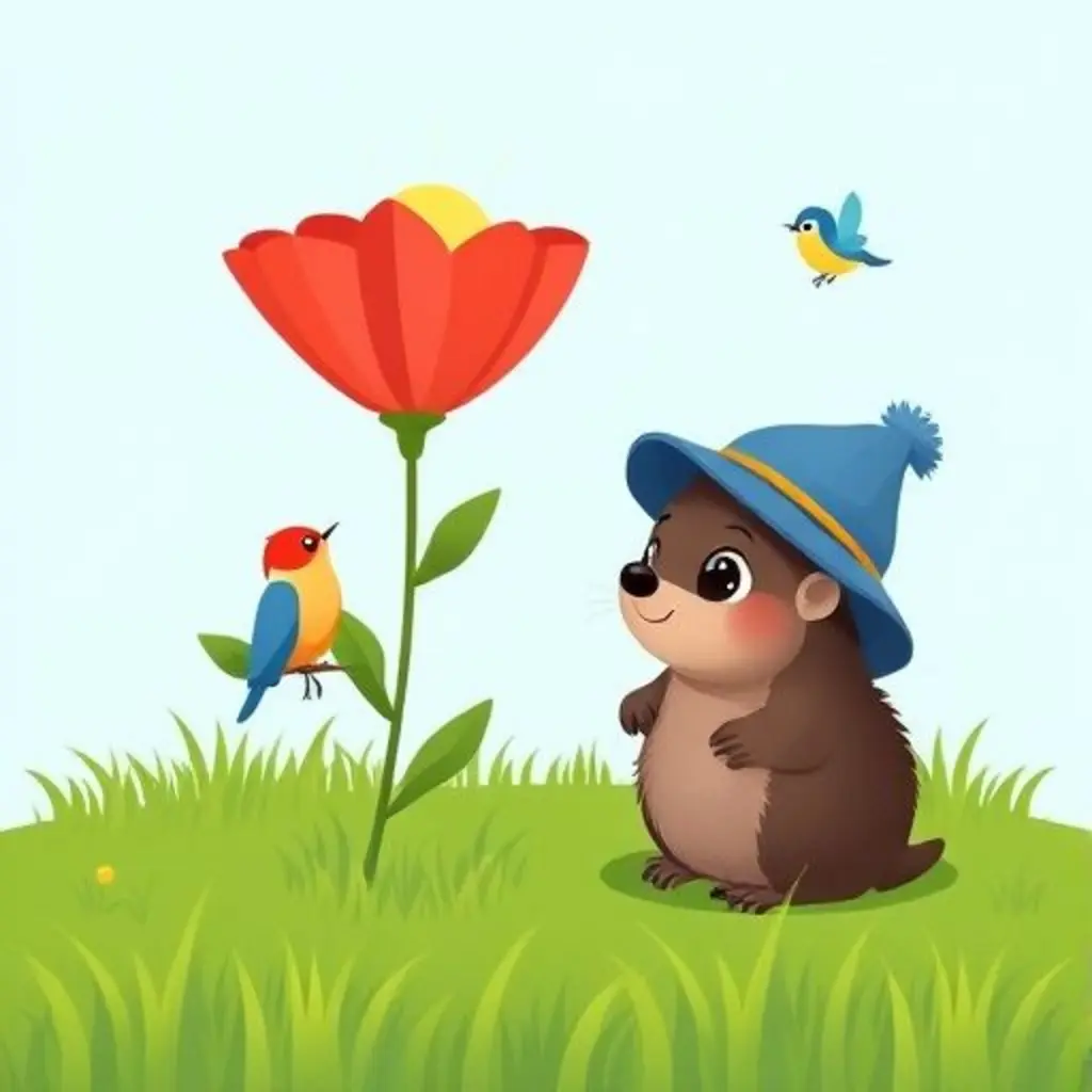 Topito explora el mundo de arriba, viendo una flor y un pájaro.