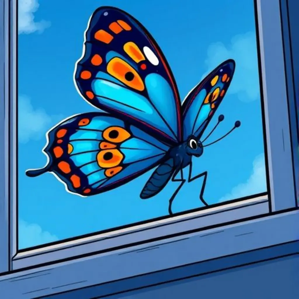 Una mariposa azul y naranja volando hacia un cactus en un día ventoso.