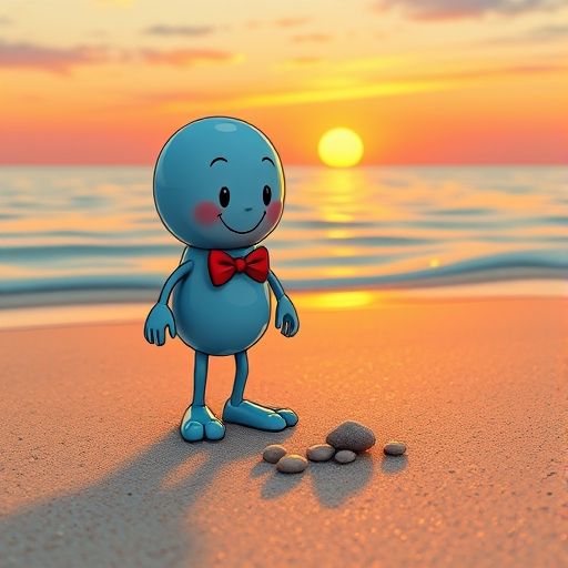 Moli, un pequeño afilador de lápices, feliz en una playa al atardecer, mirando piedrecitas.