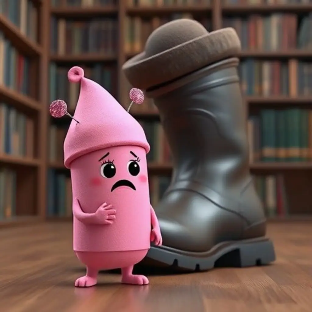 Sufi, el borrador, ha perdido su sombrero detrás de una bota gigante y no puede moverla.