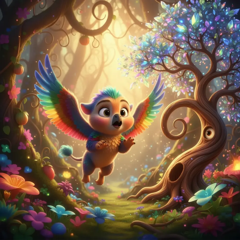 Un árbol con hojas de cristal reta al grifo a una carrera.