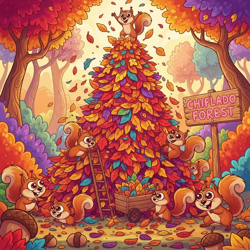 Dos ardillas muy activas apilando hojas de colores en el bosque.