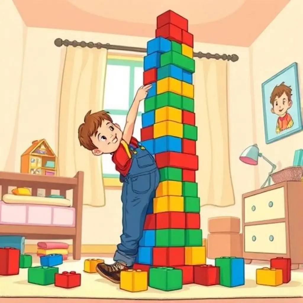 Leo construye una torre altísima con bloques de colores.