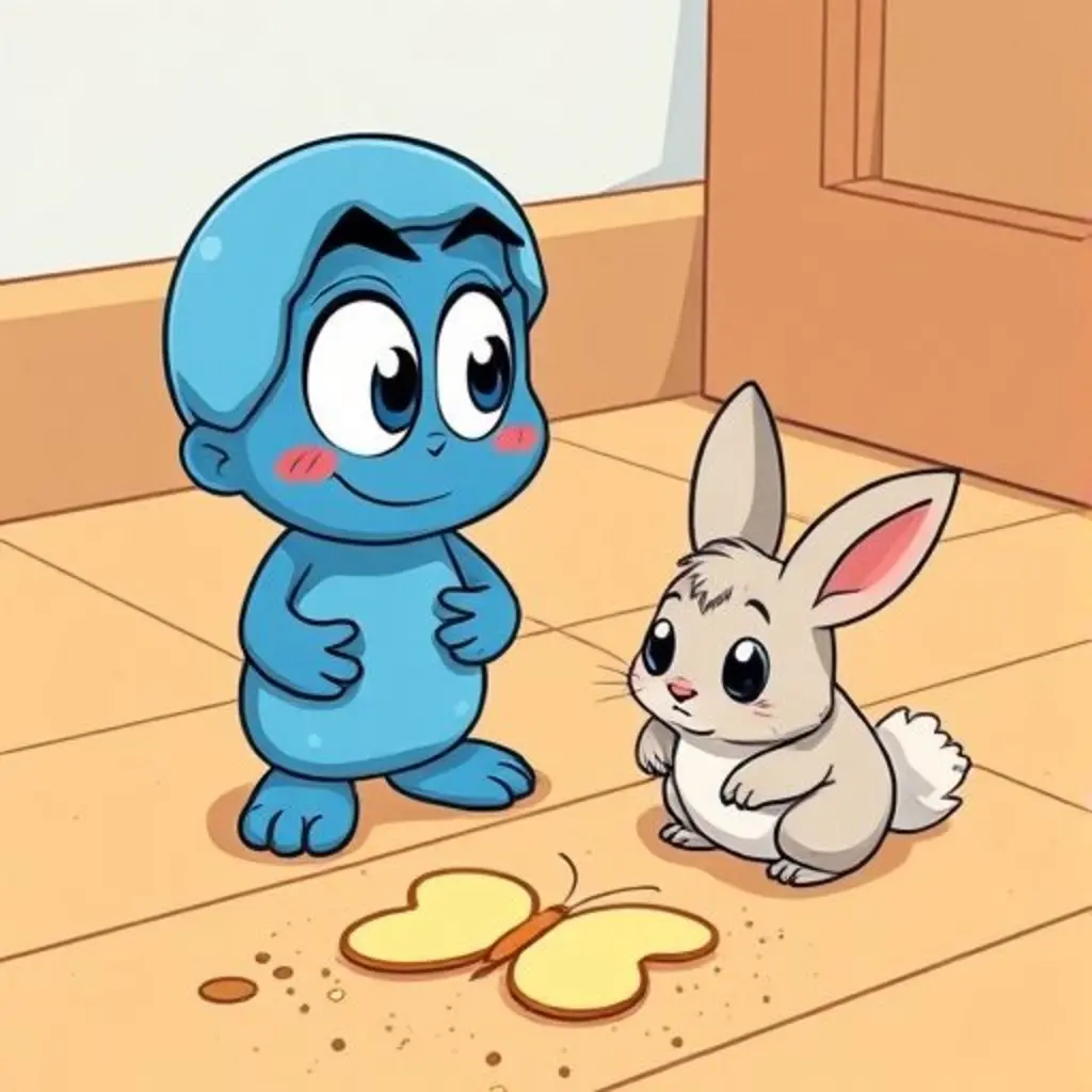 Plastilín Amigo habla con Pelusa Curiosa, una bolita de pelusa, sobre el desorden del suelo.