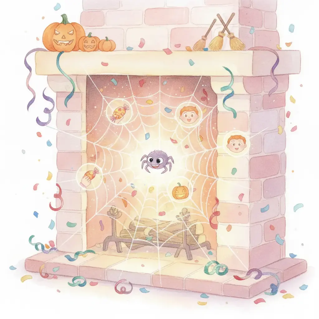 Más confeti y serpentinas caen, llenando la telaraña de Teo con muchos recuerdos de Halloween.