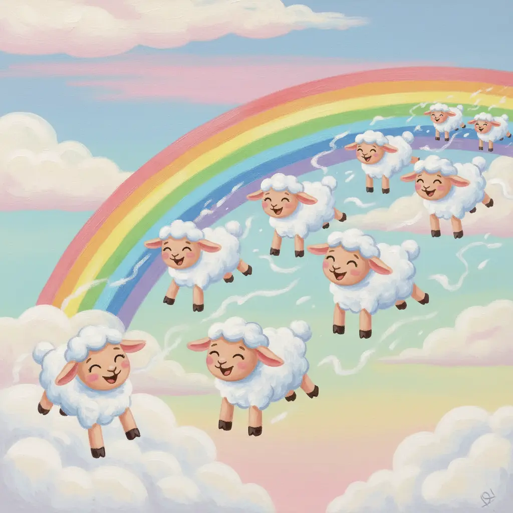 Los corderitos de algodón saltan y ríen, persiguiendo un arcoíris en el cielo.