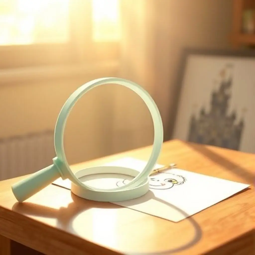 Curiosa ilumina a un pequeño monstruo dibujado, Tinta, que ahora brilla y parece hablar con la lupa.