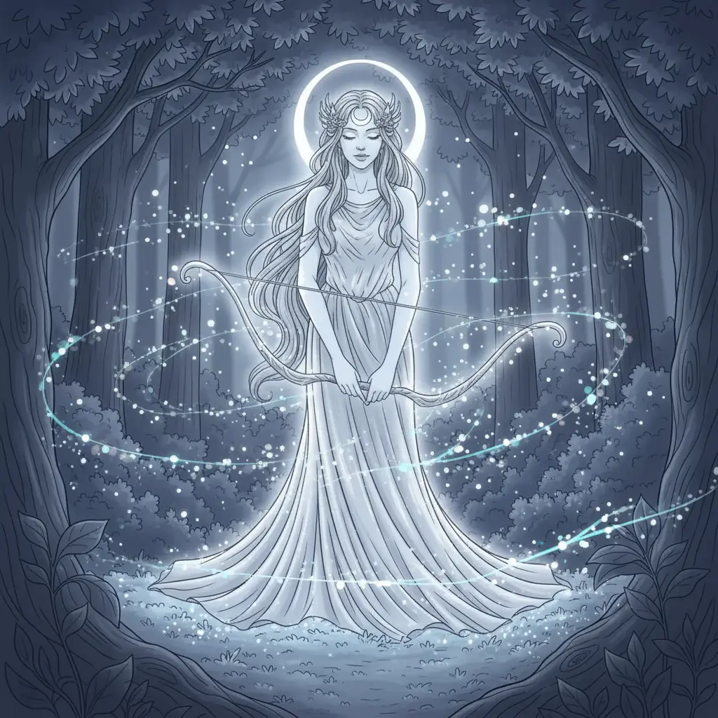 Las luciérnagas danzan un vals suave alrededor de Artemisa en el bosque iluminado por la luna.