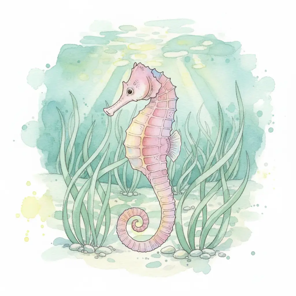 La cabeza de un caballito de mar con un hocico largo aparece sobre su cuerpo dorado.