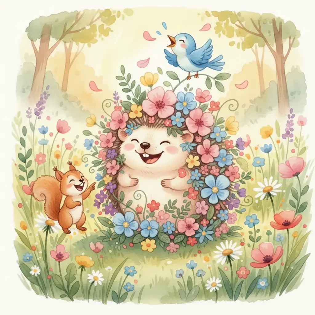 Espino, cubierto de flores, sonríe feliz mientras otros animales ríen con él.