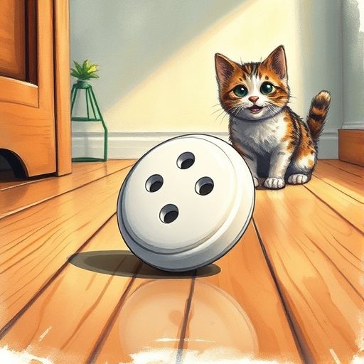 Botoncito, el botón, rueda feliz y confiado, mientras Miau el gato lo mira con alegría.