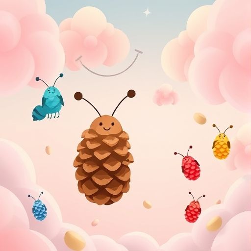Piny la piña flotando en un cielo de galletas con una hormiga gigante de luz.