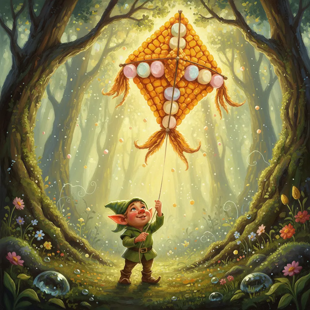 Zippy, un duende con orejas puntiagudas, sostiene una cometa de maíz dulce y malvaviscos en un claro del bosque, mirando al cielo con esperanza.