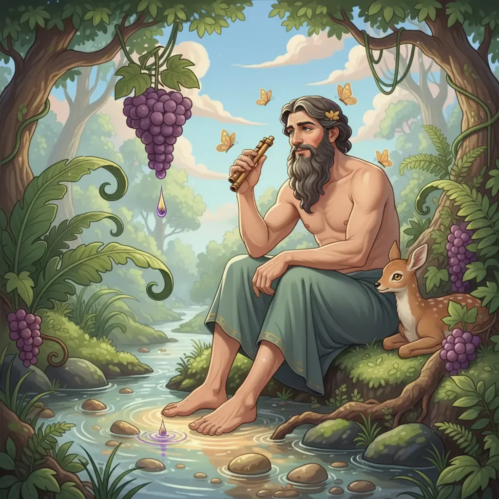 Dionisio intentaba tocar una melodía suave, mientras una gota de néctar mágico caía en el arroyo.