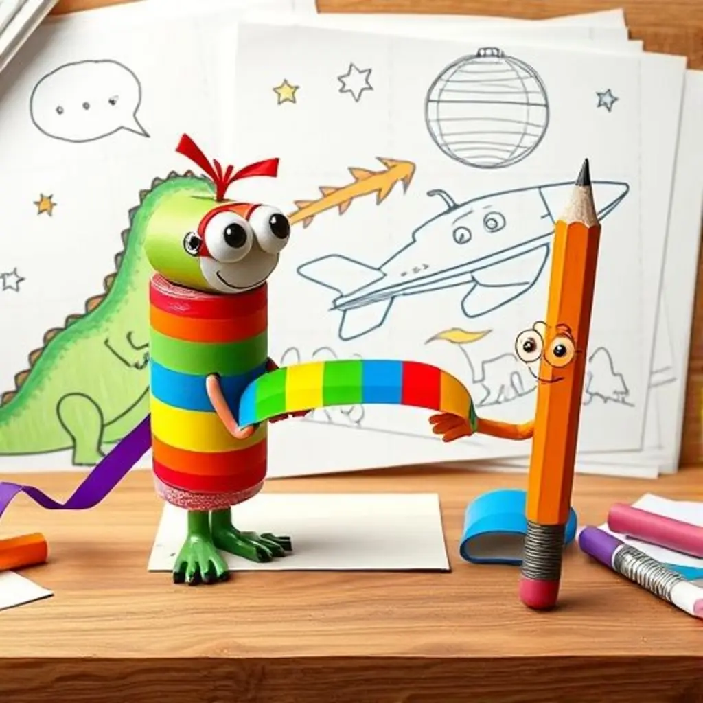 Cinta Adhesiva Rola y Lápiz Sabio conectan un dinosaurio con una nave espacial.