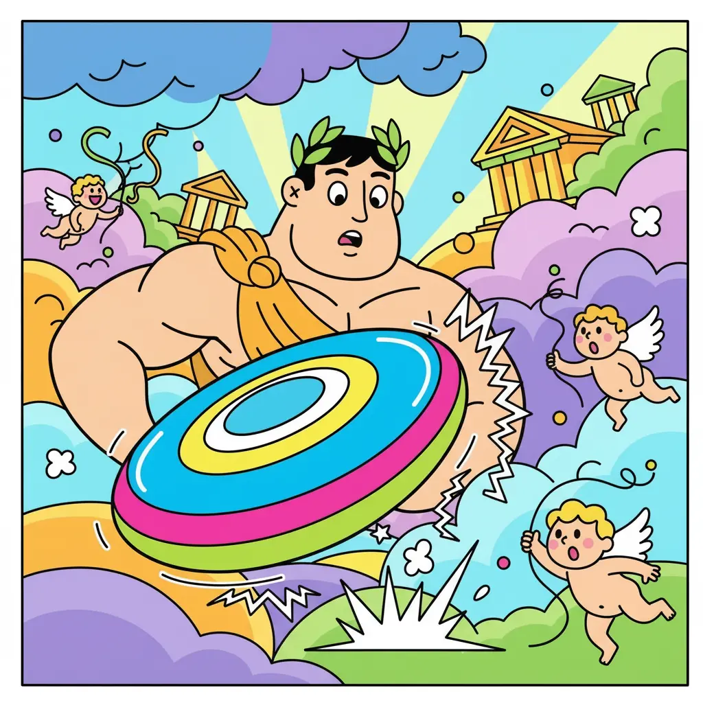 Hércules lanza su disco, que rebota sorprendiéndolo.