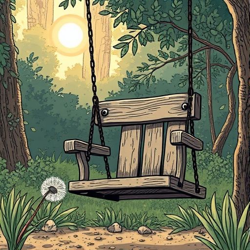 Un viejo columpio de madera balanceándose suavemente en un parque olvidado, con una semilla de diente de león flotando cerca.