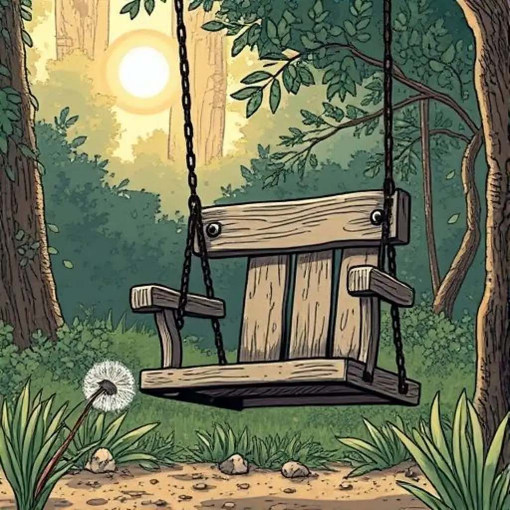 Un viejo columpio de madera balanceándose suavemente en un parque olvidado, con una semilla de diente de león flotando cerca.