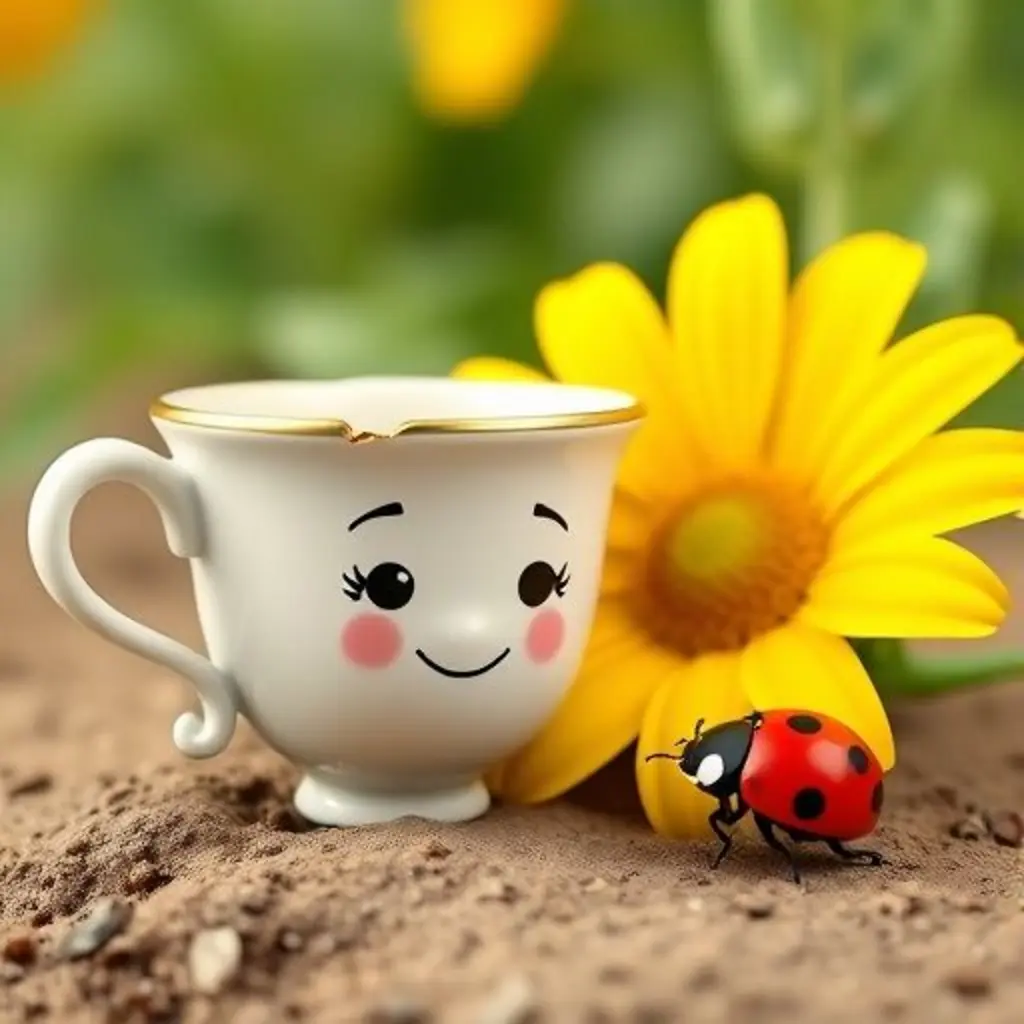 Tacita Bella en el jardín, junto a una margarita, mientras una mariquita se le acerca con curiosidad.