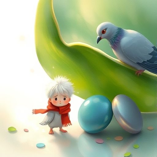 Mino preocupado por su botón azul debajo de una hoja grande, una paloma lo observa.