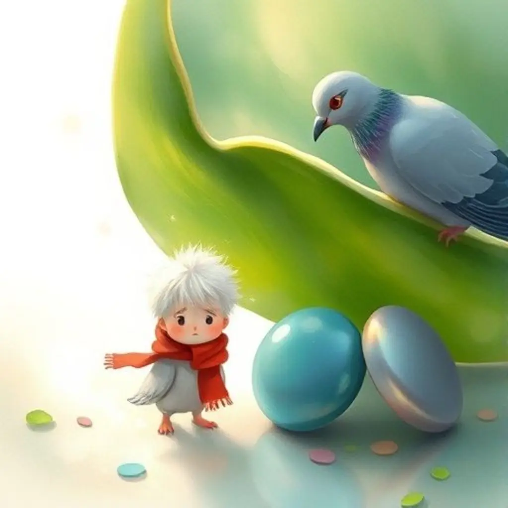 Mino preocupado por su botón azul debajo de una hoja grande, una paloma lo observa.