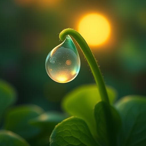Una pequeña gota de rocío llamada Zzz aferrada a una hoja de trébol al amanecer.