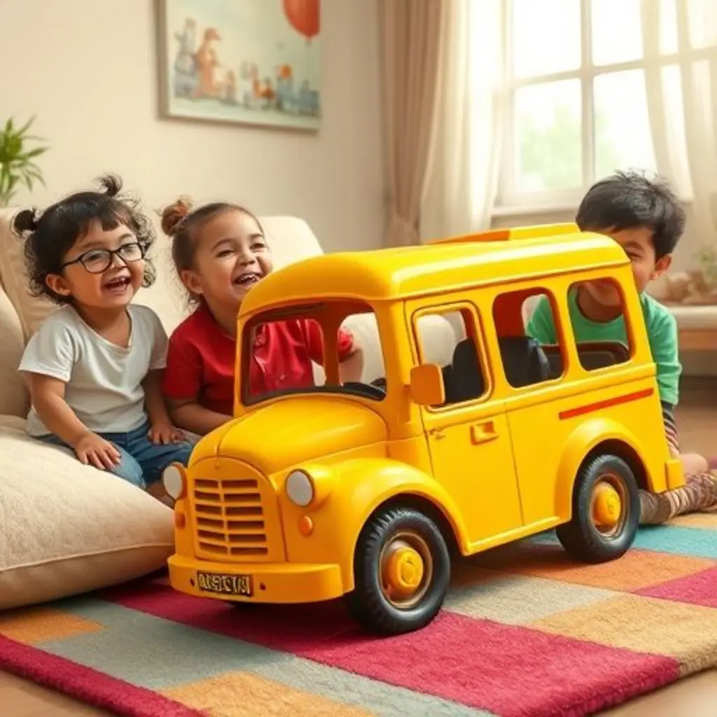 Un autobús de juguete amarillo volcado mientras niños ríen a su alrededor.