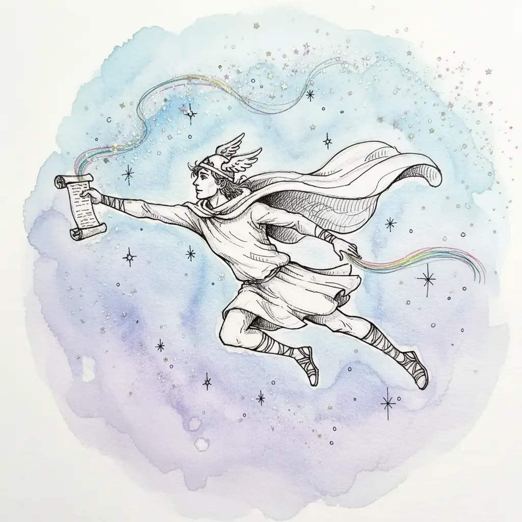 Mientras Hermes vuela, una lluvia de pequeñas estrellas brillantes cae suavemente de sus manos.
