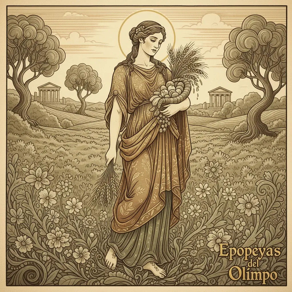 Deméter, la diosa, camina por un campo mientras flores delicadas brotan a sus pasos.