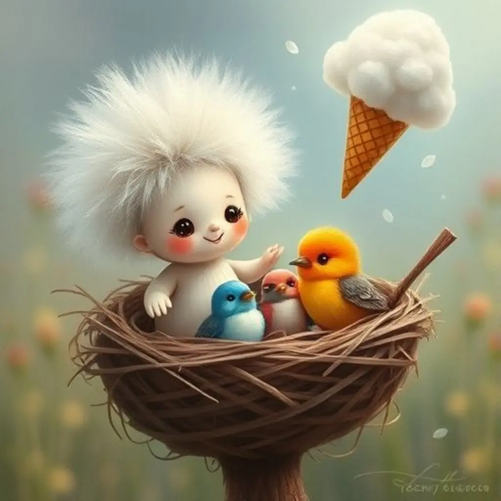 Los pajaritos llegan a su nido, Volador sonríe feliz y ve una nube con forma de helado.