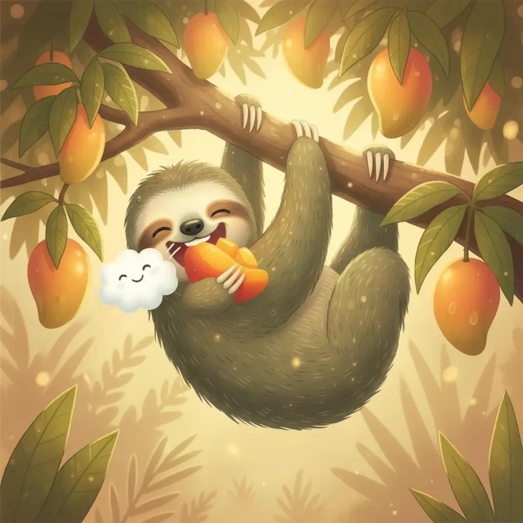 Pedro sonríe feliz, comiendo su mango, con la nube juguetona cerca.