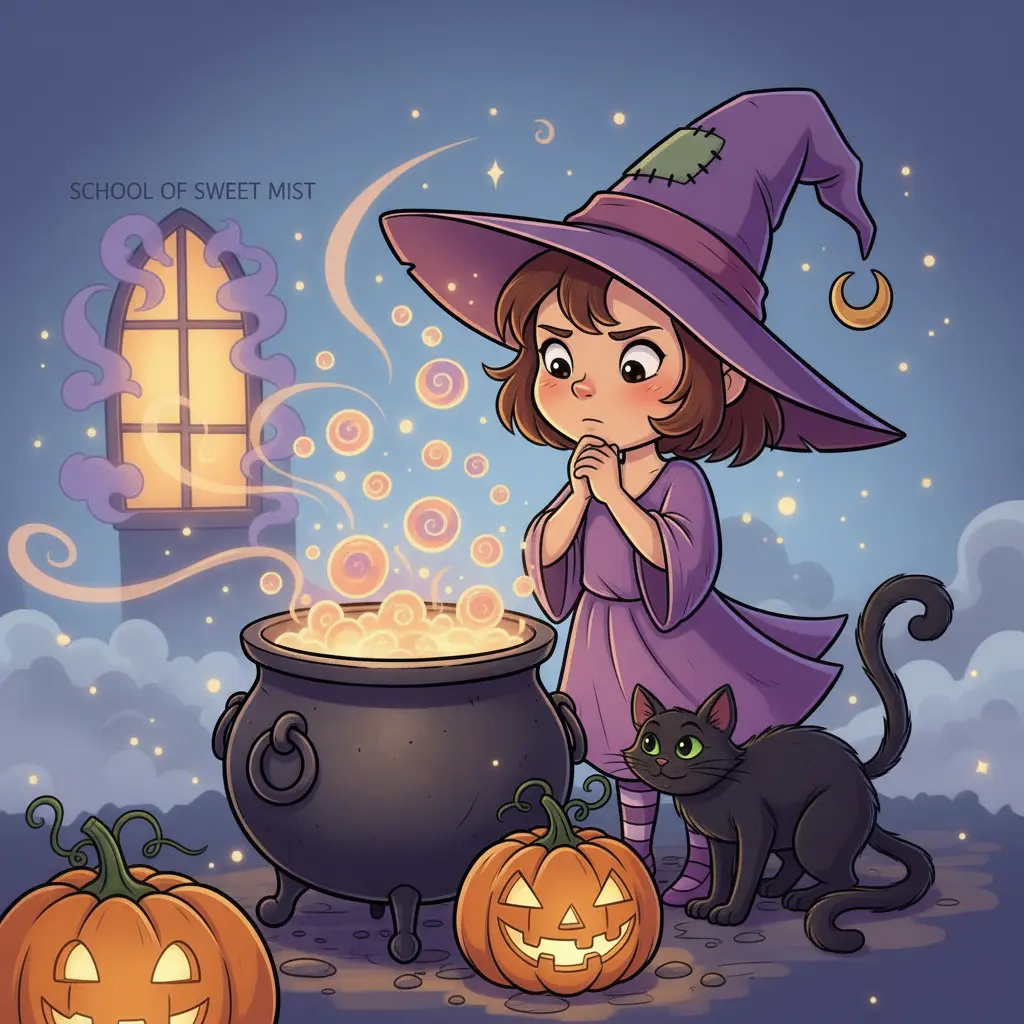 Violeta la brujita mirando su caldero burbujeante.