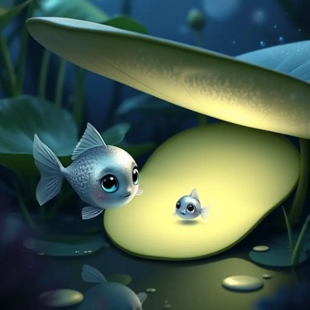 Chispita guía al pececito por el camino más tranquilo y honesto, hacia un nenúfar para dormir.