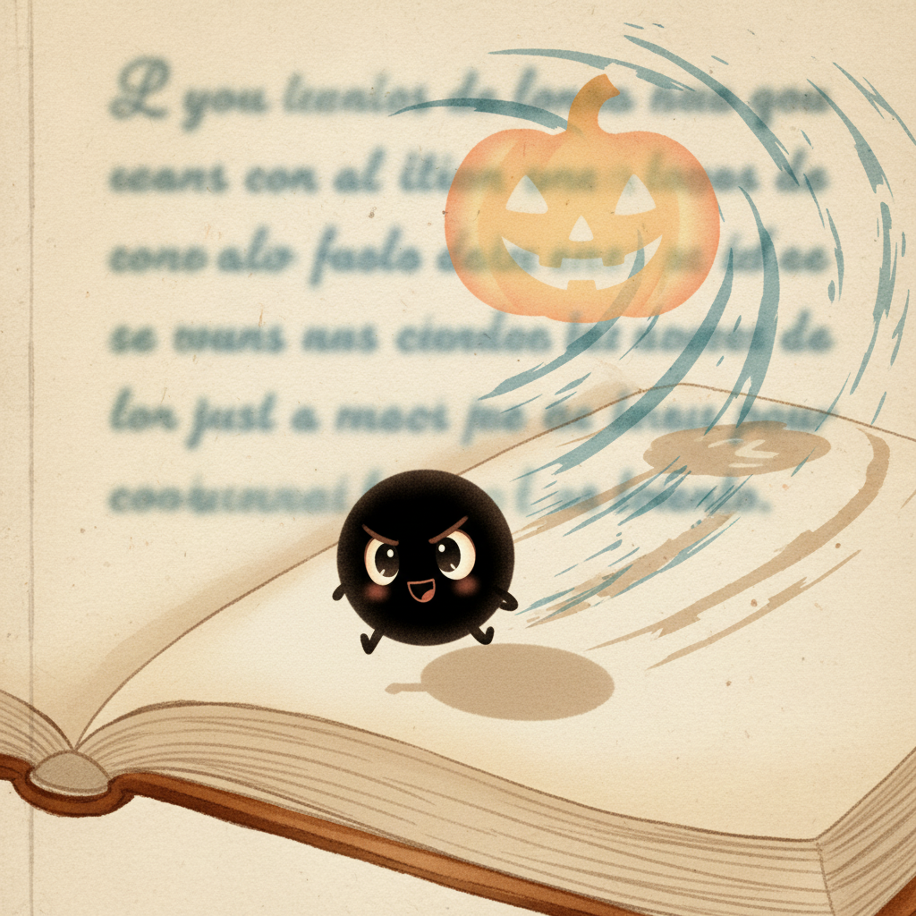 Punto Final rueda con valentía por el borde de una página de libro, pasando por otras frases.