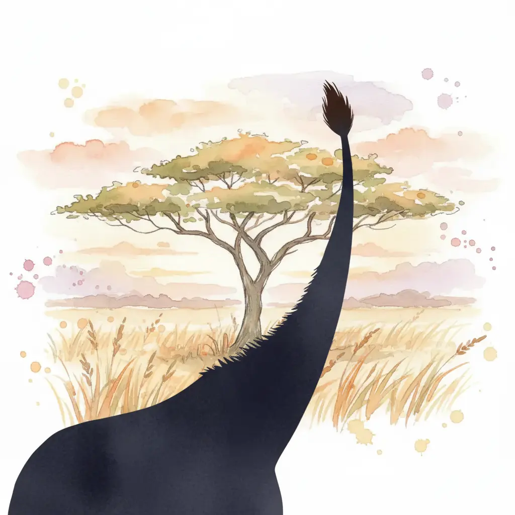 Una colita delgada con un mechón oscuro aparece timidamente detrás de un árbol en la sabana.