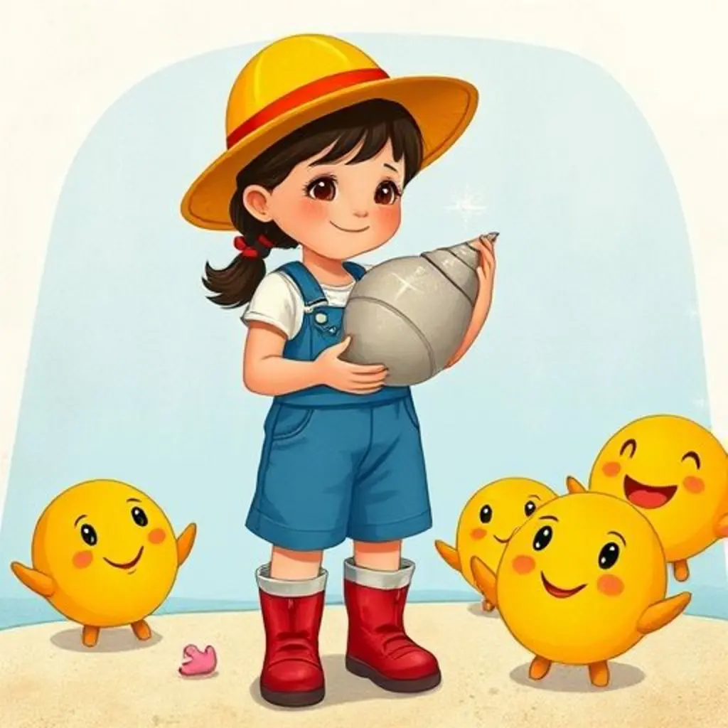 Sofía y las conchas de colores felices, mientras encuentra otra concha.