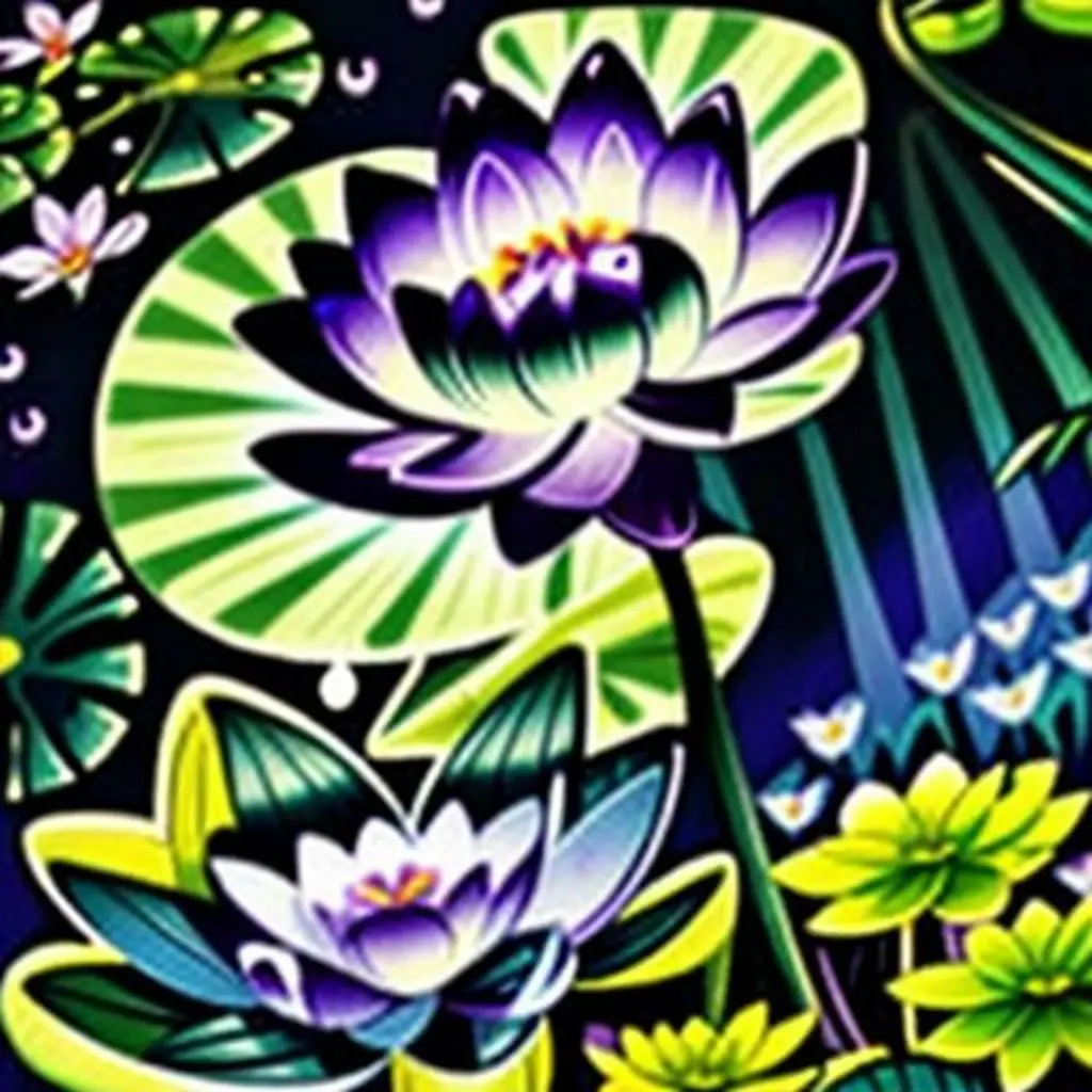 Liloa, una flor de loto violeta, mirando una tapa brillante en el suelo del bosque.