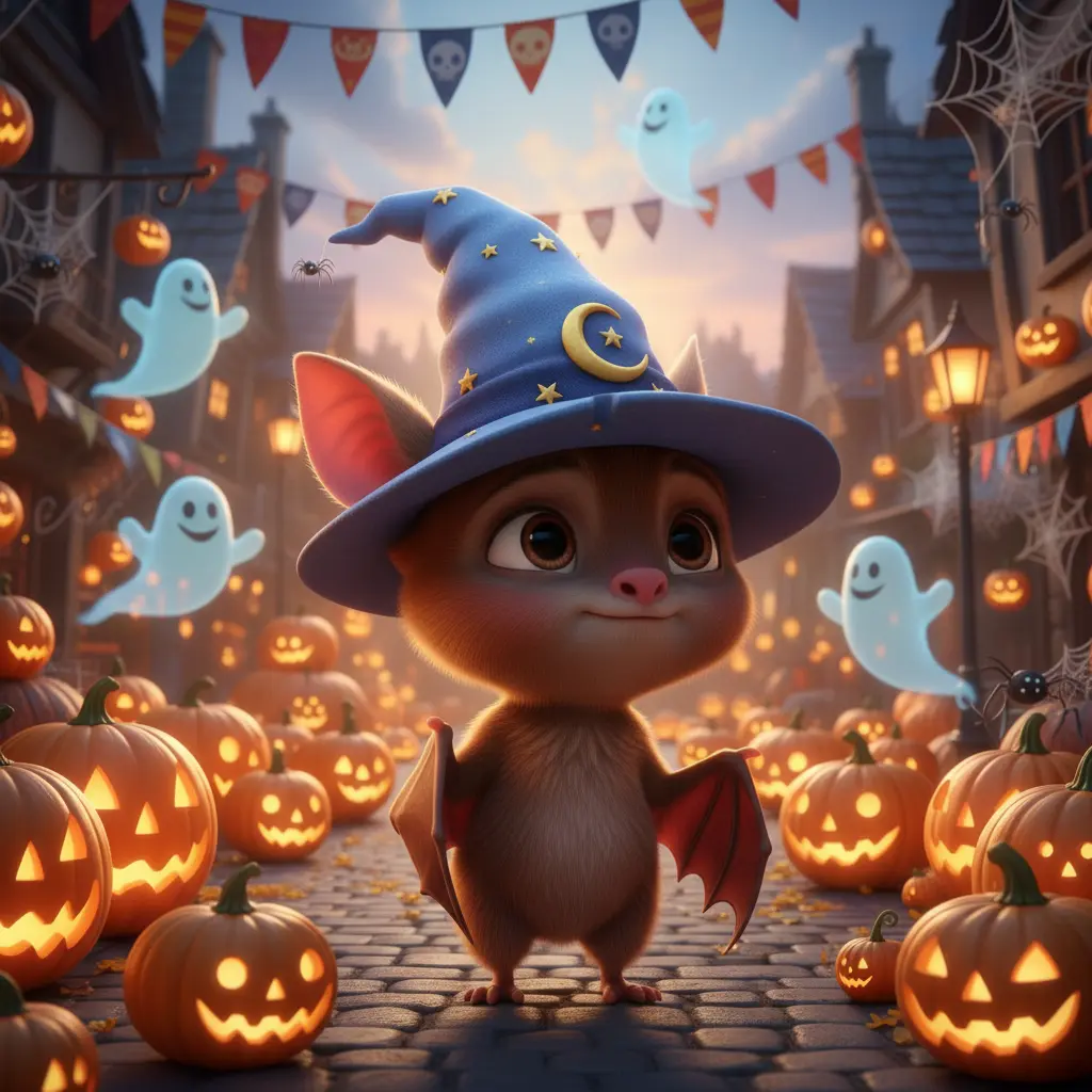 Bartolomé, un murciélago pequeñito con sombrero de mago, se asoma tímidamente desde la entrada de su cueva oscura, con los ojos llenos de curiosidad y un poco de miedo, mientras el resplandor de Halloween empieza a iluminar el exterior.