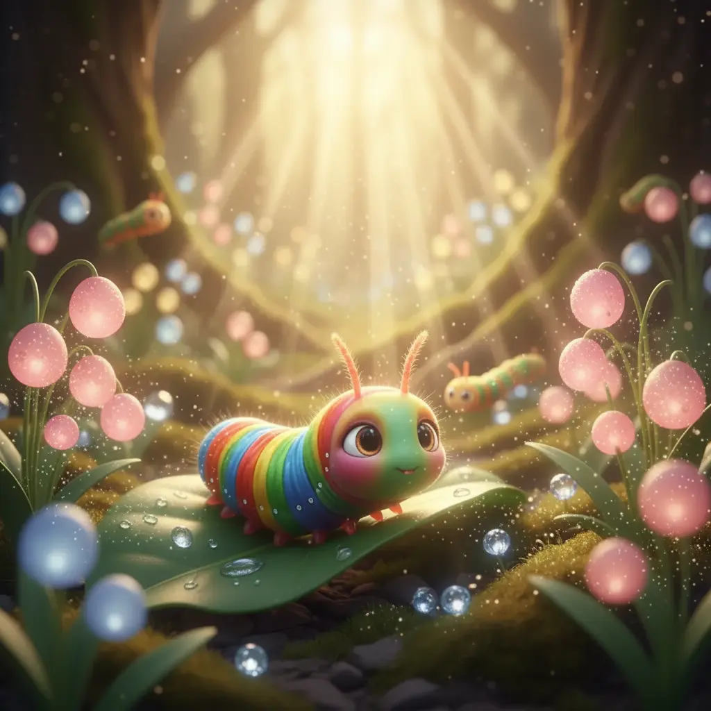 Teodora, la oruga con barriga de arcoíris, se mueve lentamente en un jardín de primavera.