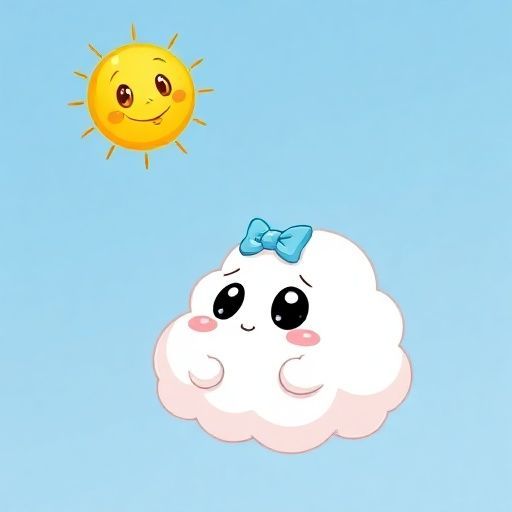 Nubeita, una nubecita feliz, mira al Sol sonriente en el cielo azul.