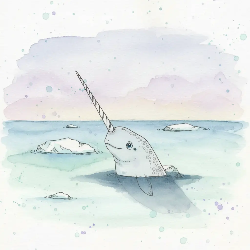 Una cabeza redonda y gris con un ojo tierno aparece junto al cuerno largo.