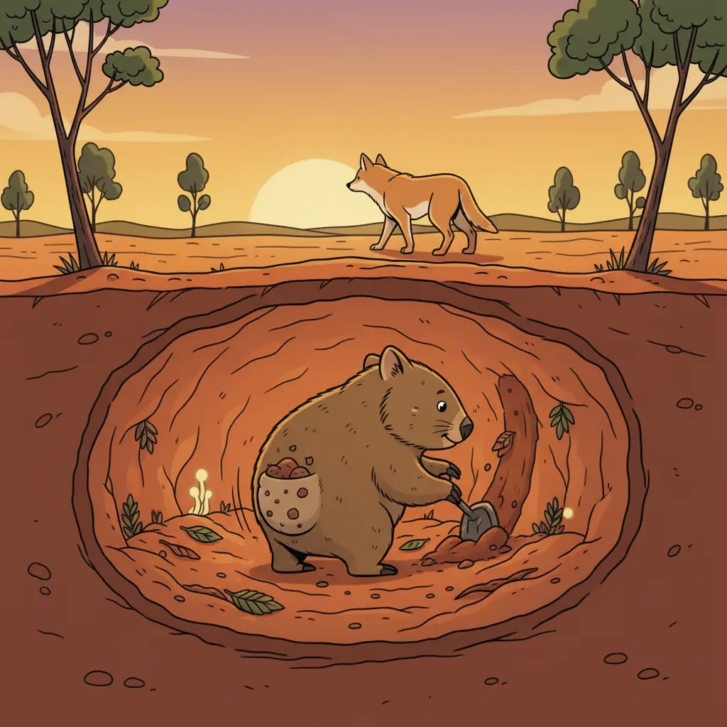 El vombato cavando felizmente dentro de su madriguera segura.