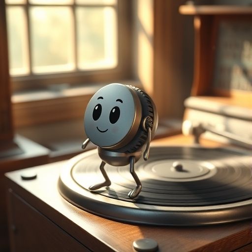 Ritmo, un botón de volumen, pensativo en una sala de música polvorienta.
