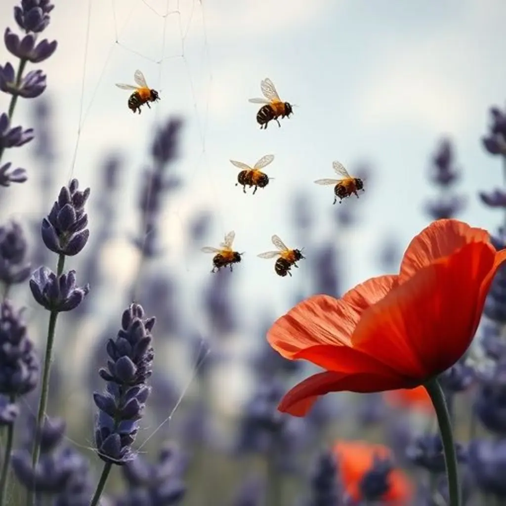 Hilitos se mece suavemente mientras las abejas vuelan felices hacia una amapola roja.